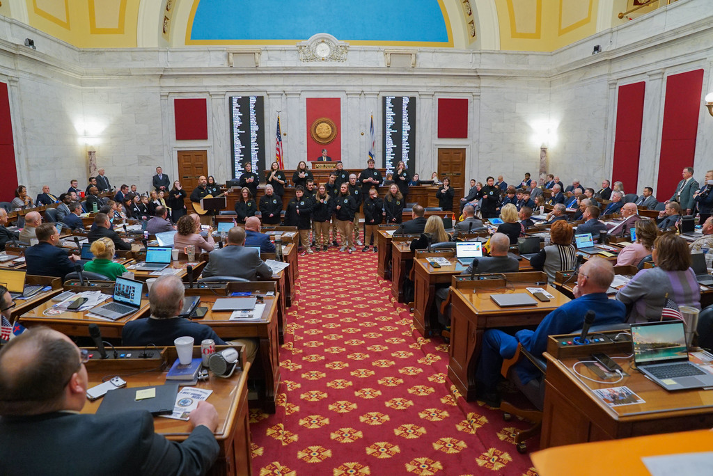 An overview of Legislature members observing our students perform on the floor. 