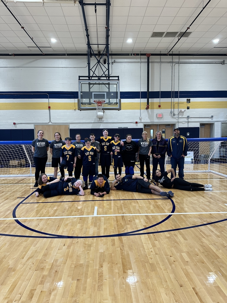 Students and staff members gather in a group, side-by-side in front of the goalball net. The students are wearing matching Goalball jerseys. 