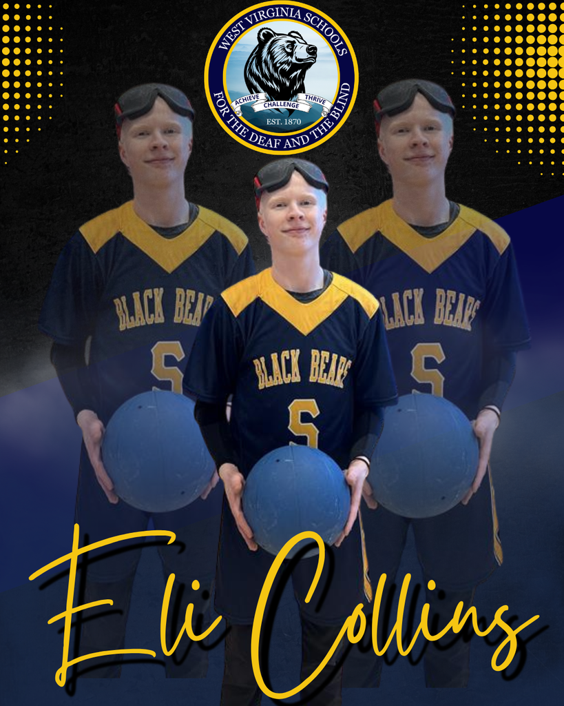 A male Goalball player wearing a blue and gold colored jersey with the "Black Bears" written in yellow font on the front. The text "Eli Collins" is written under the Goalball player in yellow font. 
