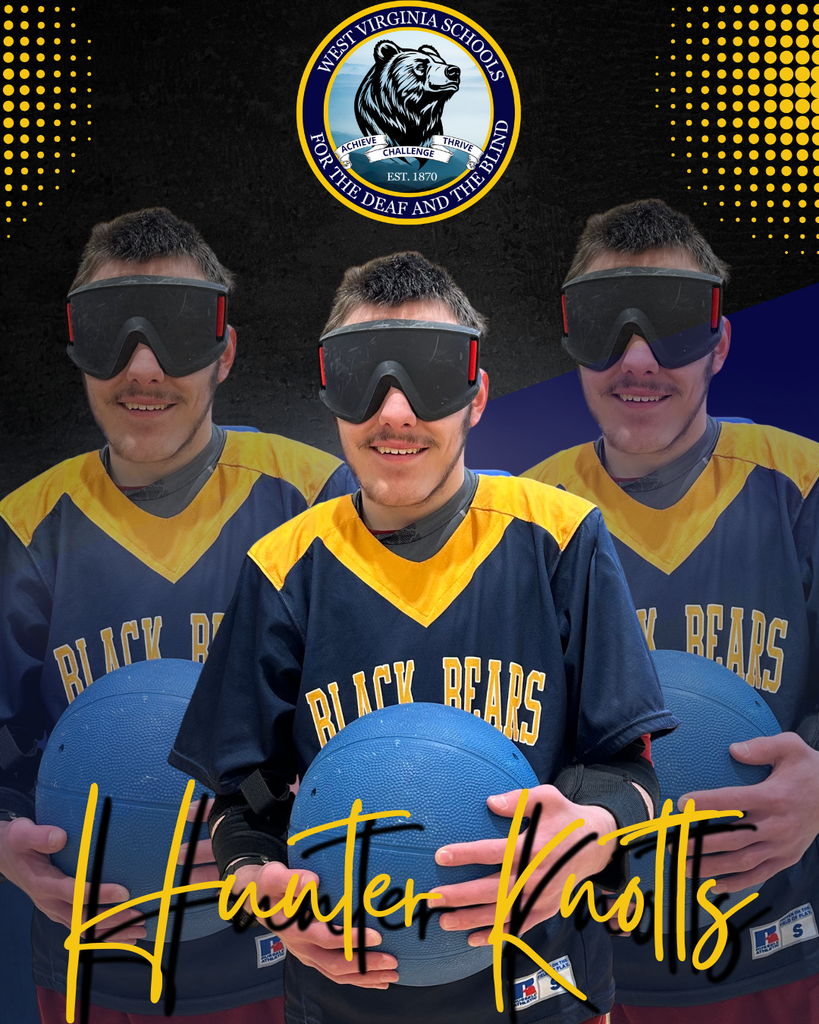 A male Goalball player wearing a blue and gold colored jersey with the "Black Bears" written in yellow font on the front. The text "Hunter Knotts" is written under the Goalball player in yellow font. 