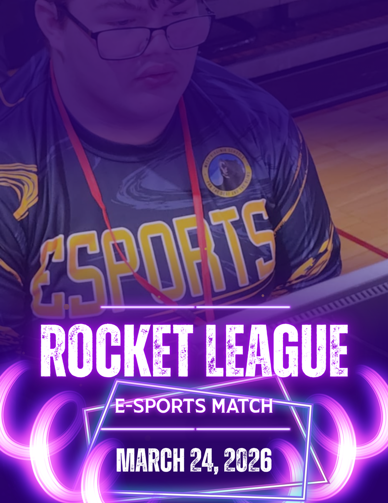 A male student wearing a blue and gold jersey as he looks at a computer screen. In white, bold font is text "Rocket League ESports Match." There is purple-colored accents surrounding the player and the white text.