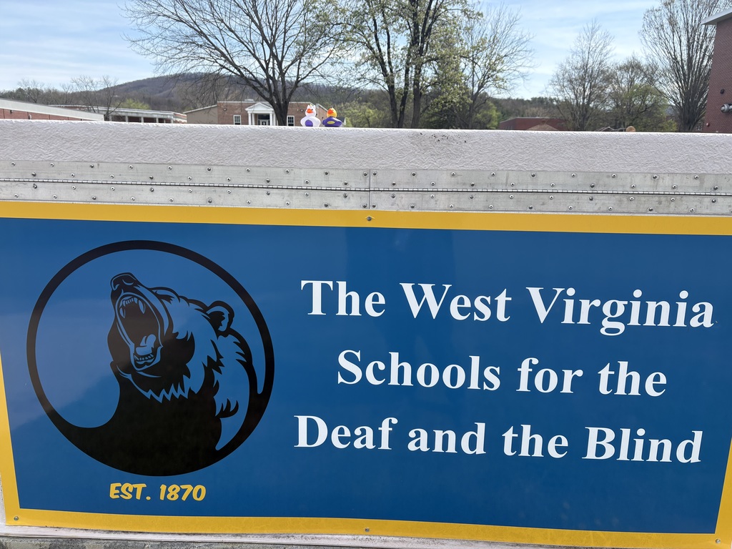 A blue and yellow rectangular sign with a black outline of a black bear on the left-hand side and white text "The West Virginia Schools for the Deaf and the Blind" on the right-hand side. There are two rubber ducks sitting on top of the sign.