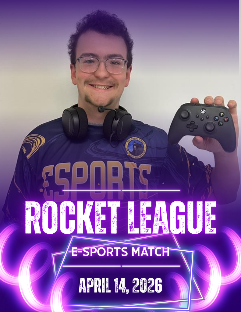 A male ESports team member wearing a blue and gold-colored jersey smiles for the camera as he holds up a gaming controller. The text "Rocket League, ESports Match, April 14, 2026" is in bold white font below the player.