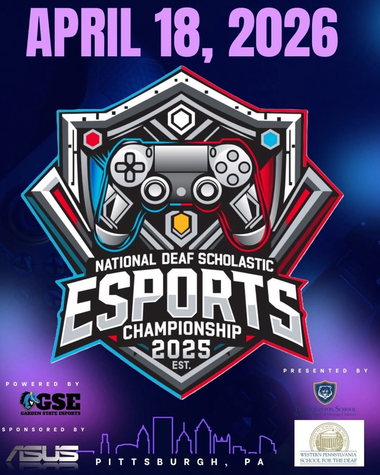 National Deaf Scholastic ESports Championship. A gaming controller is in the center with a blue and purple ombré background behind the controller.