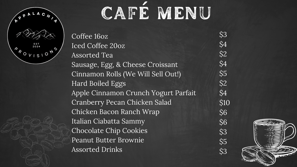 Weekly Appalachia Provisions Café Menu.