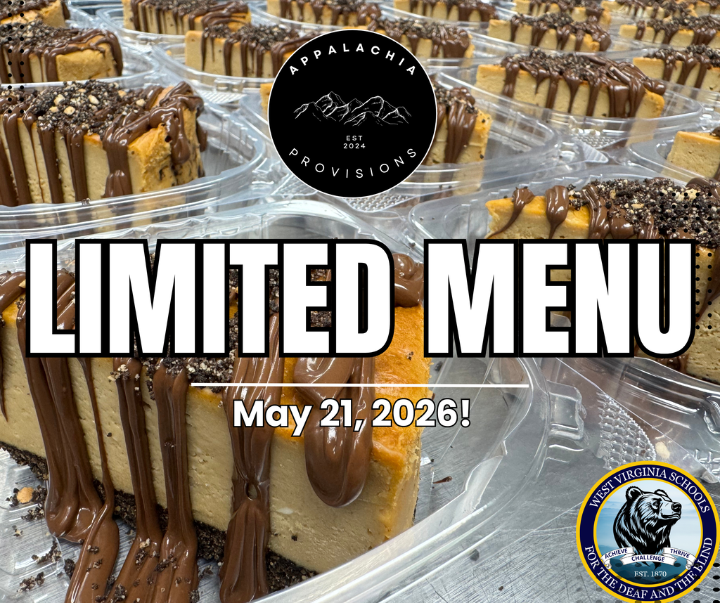Peanut Butter Oreo Cheesecakes lined up in clear, plastic containers. Bold text "Limited Menu, May 21, 2026." The Appalachia Provisions Café is located at the top center above the cheesecakes.