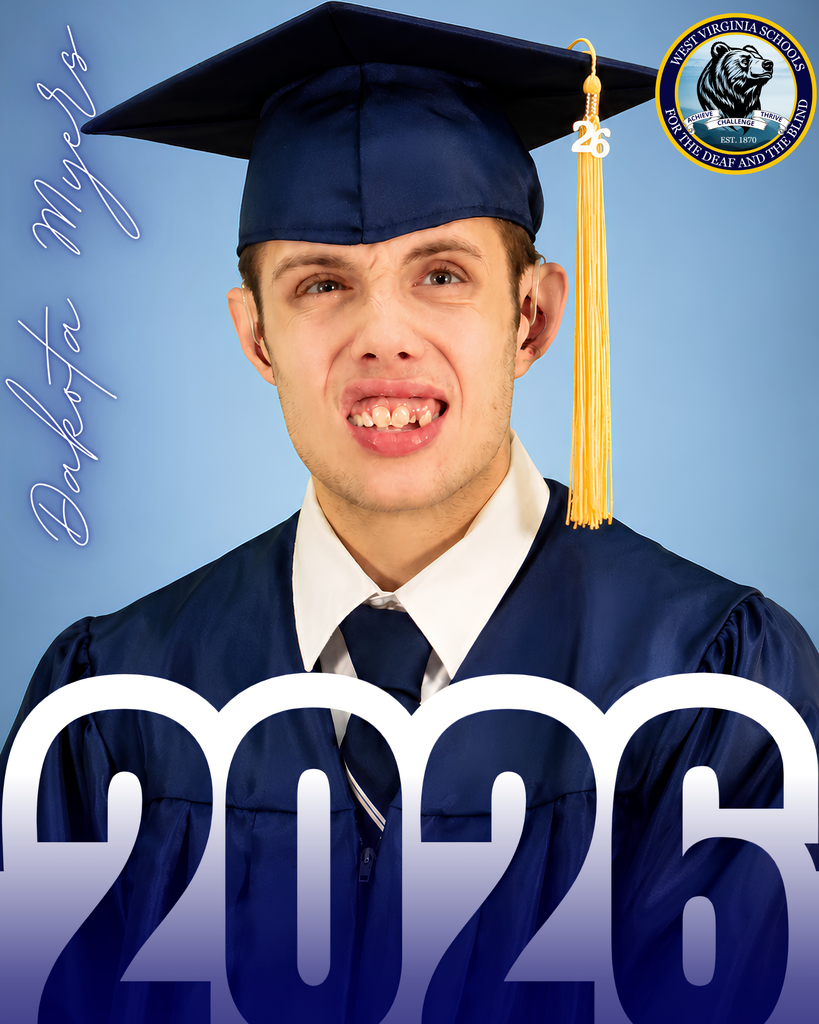 Dakota Myers dressed in navy-colored graduation attire. Text below him "2026." WVSDB Black Bear logo is in the upper right-hand corner.