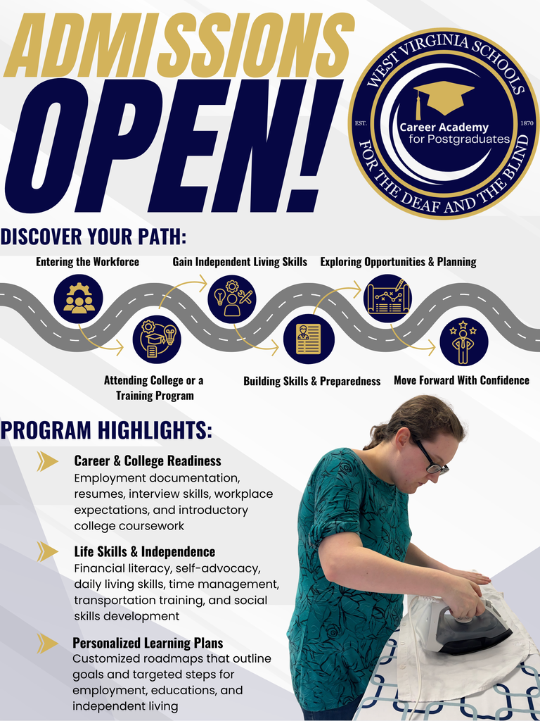 Gold and blue-colored text "Admissions Open." The CAP logo is in the upper right-hand corner. Below the text is a "Discover your Path" roadmap. Below the roadmap is a program highlights section. In the lower right-hand corner, a female student irons clothes.