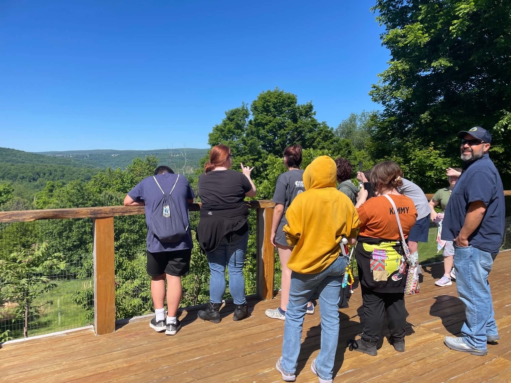 Students have their backs towards the camera as they look out at a green mountain range in the background with a clear, blue sky.