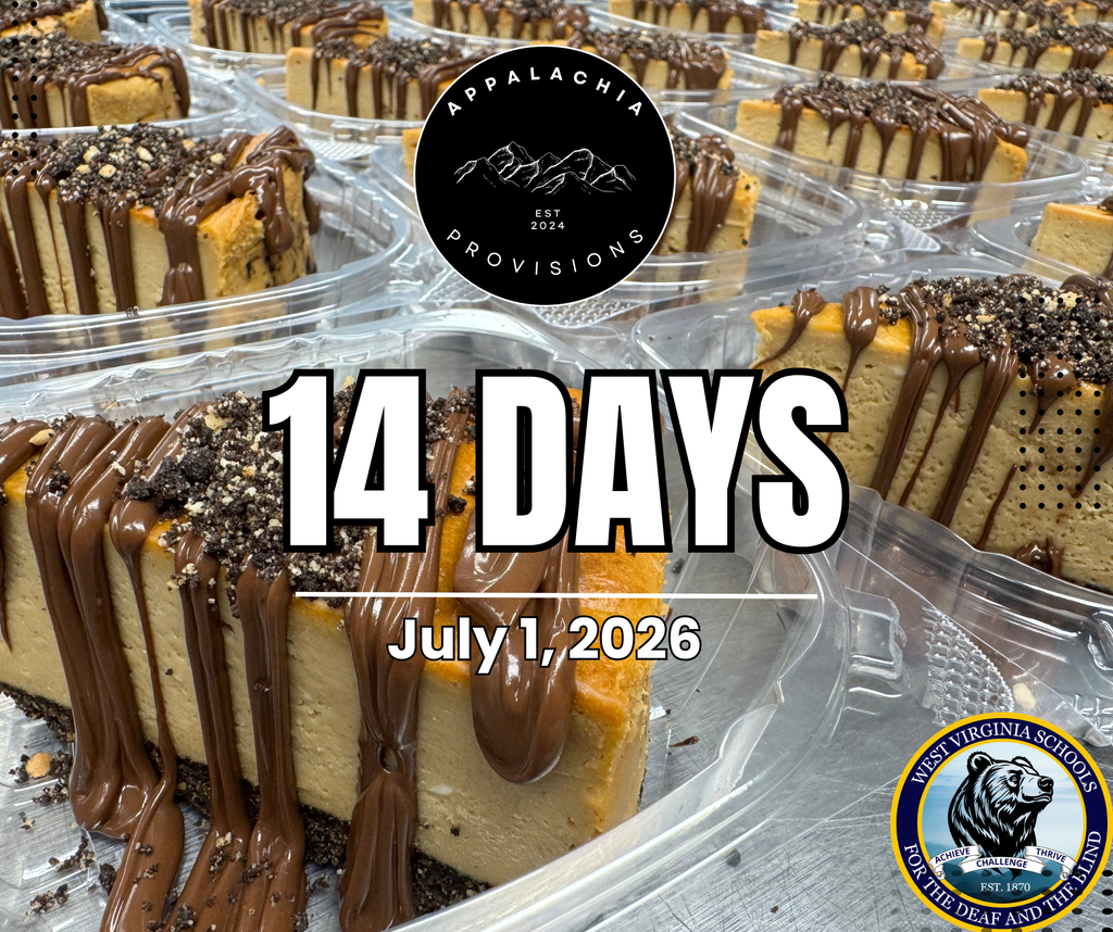 Rows of peanut butter chocolate cheesecakes lined up in clear, plastic containers. Foreground text "14 Days." Appalachia Provisions Café logo is top center. WVSDB Black Bear logo in the lower right-hand corner.