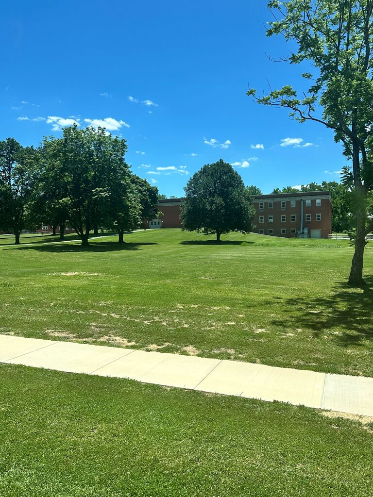 The Sevigny Building surrounded by bright, green grass and large trees.