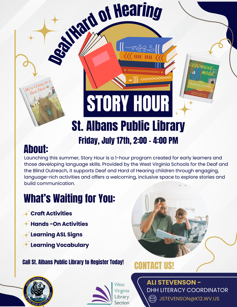 Flyer promoting Deaf/Hard of Hearing Story Hour at St. Albans Public Library. The top features an illustration of stacked books with the title "Story Hour," surrounded by images of the books We're Going on a Bear Hunt and Goodnight Moon. Event details read: Friday, July 17th, 2:00–4:00 PM.