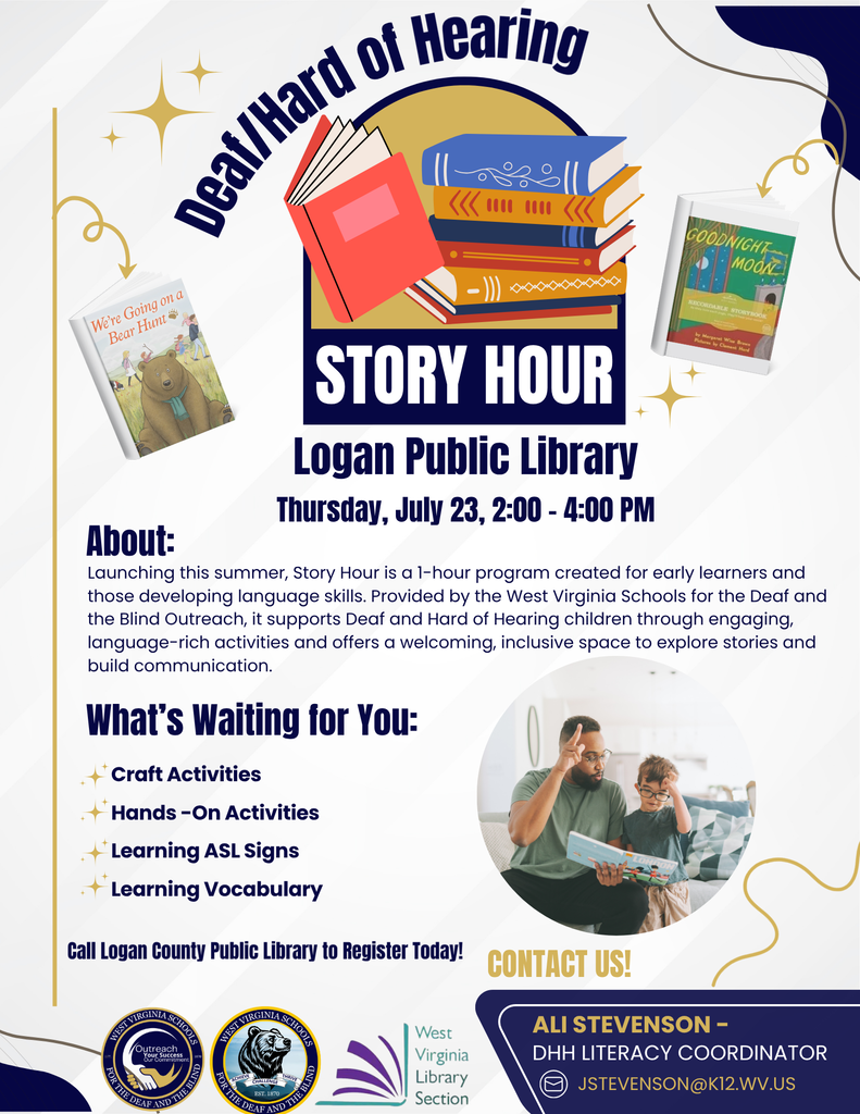 Event flyer for Deaf/Hard of Hearing Story Hour at Logan Public Library featuring storytelling, ASL, crafts, and language activities. Thursday, July 23, 2:00–4:00 p.m. Registration required.