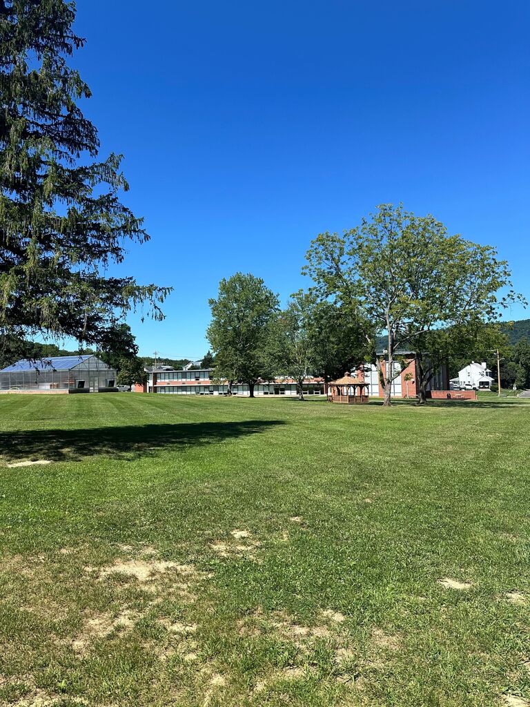 Open view of the WVSDB campus with a wide grassy field, greenhouse, gazebo, trees, and the Brannon building set against a clear blue summer sky.