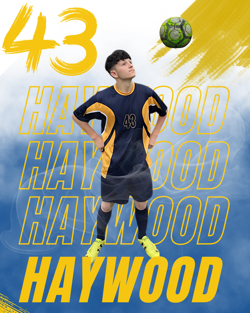 WVSDB Black Bears soccer player Raiden Haywood, wearing jersey number 43, poses while looking up at a soccer ball above. The graphic includes the player's name repeated in the background with bold blue and gold team colors.