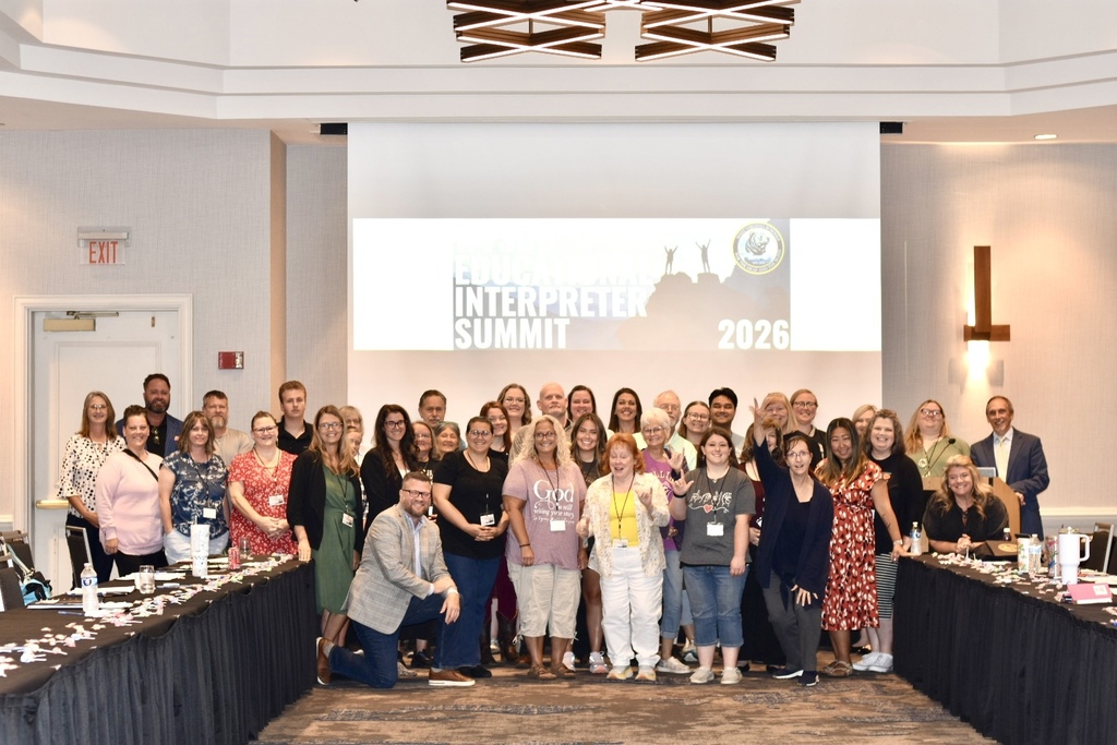 Attendees and presenters gather for a group photo at the 2026 WVSDB Interpreter Summit in Charleston.