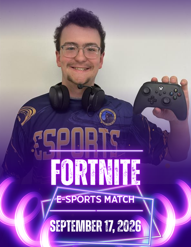 WVSDB student holding a gaming controller and wearing a headset. Graphic promotes a Fortnite E-Sports Match on September 17, 2026.