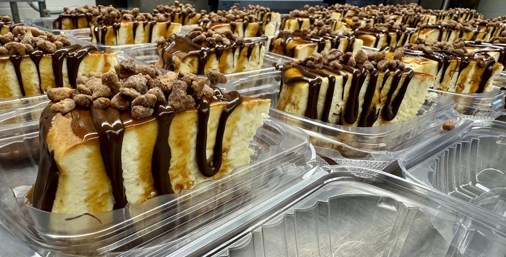 Rows of turtle cheesecake slices topped with caramel, chocolate drizzle and candied pecans.
