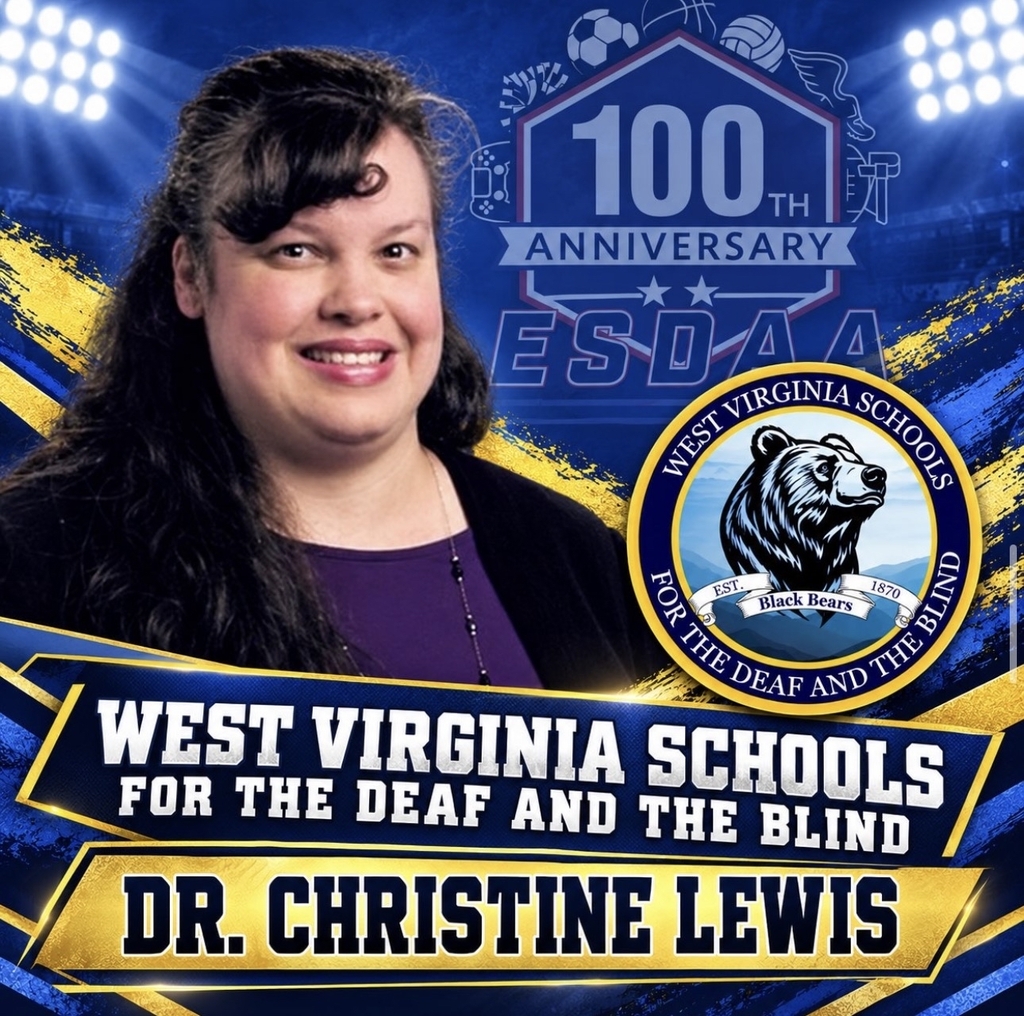 Graphic featuring WVSDB Athletic Director Dr. Christine Lewis against a blue and gold sports-themed background with stadium lights. The ESDAA 100th Anniversary logo and WVSDB Black Bears logo appear alongside her. Text reads “West Virginia Schools for the Deaf and the Blind” and “Dr. Christine Lewis.”