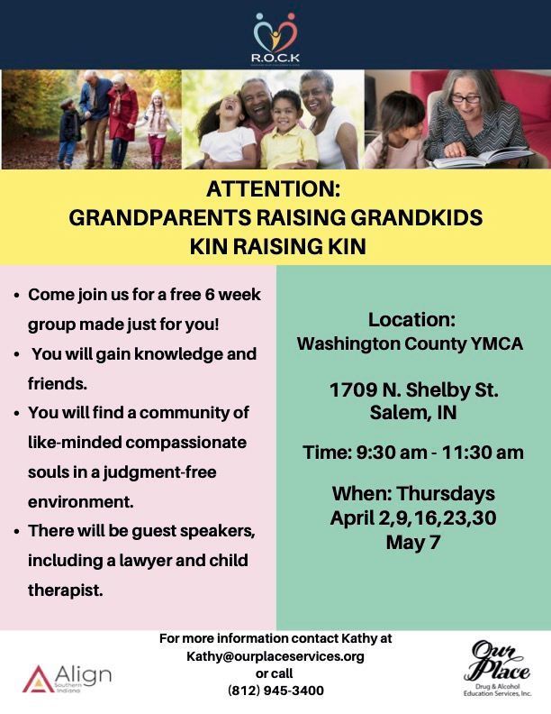 Poster with text, "Grandparents Raising Grandkids Kin Raising Kin" and details about a free 6-week event.