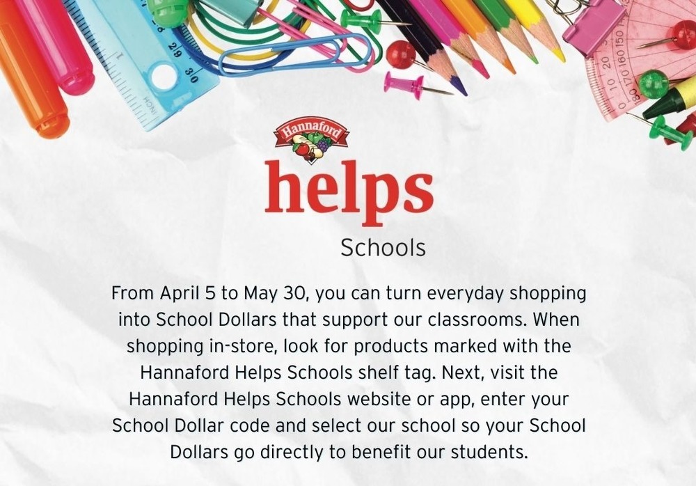 image of school supplies with text detailing how to participate in hannaford helps schools program