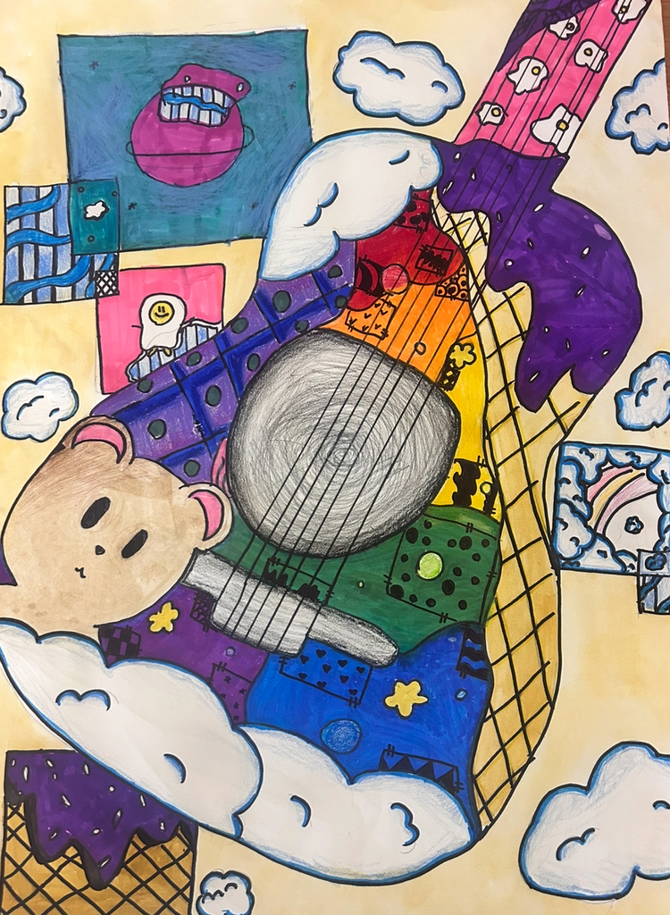 Colorful mixed-media drawing of a guitar