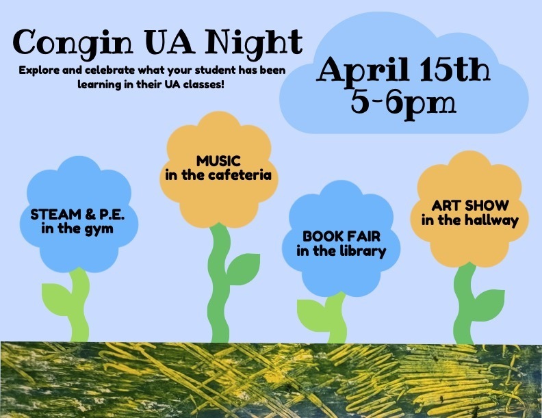 Colorful poster for Westbrook Schools Unified Arts Nights with information about the evening's events- listing date and time.