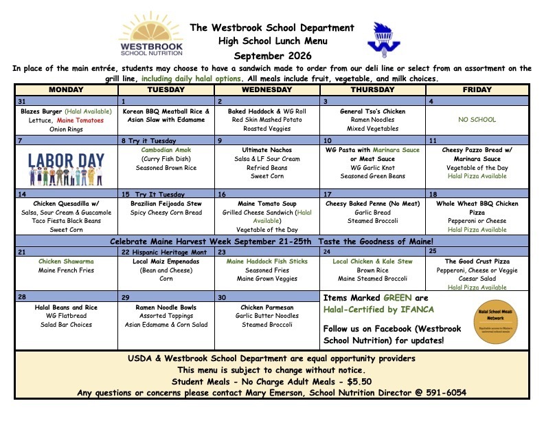 September WHS Lunch Menu