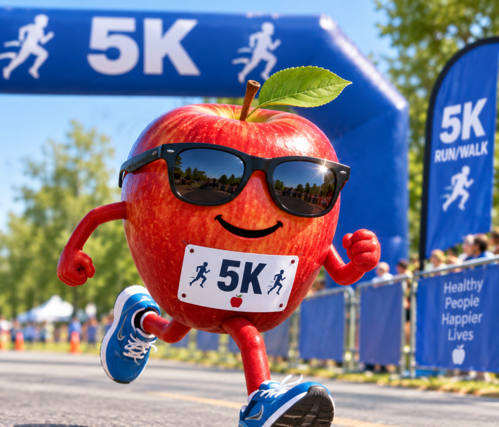 image of an apple with sunglasses running in a 5K