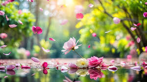 Spring flowers in a still water river