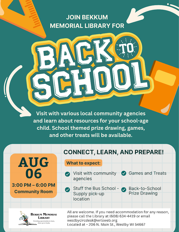 image of a flyer to advertise a BACK TO SCHOOL event at Bekkum Library