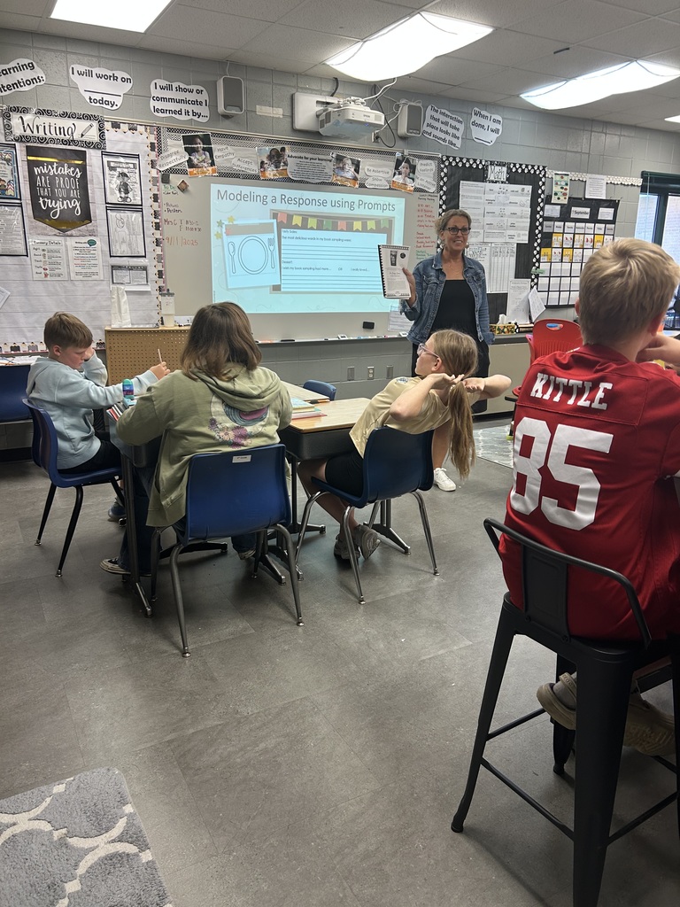 Teacher stands at the front of the classroom holding a paper while projecting a lesson slide titled “Modeling a Response using Prompts.” Students at desks follow along.