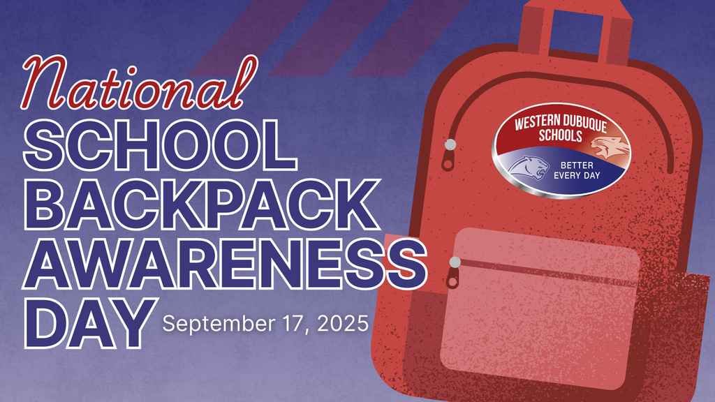 National School Backpack Awareness Day graphic with a red backpack and Western Dubuque Schools logo.