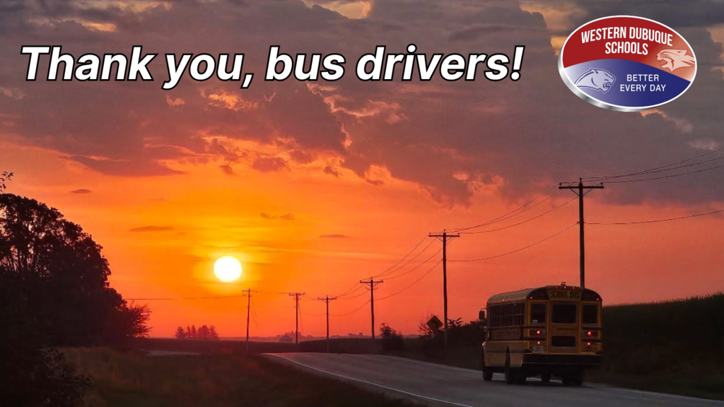 Bus driving into sunset