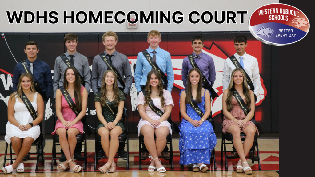 Group photo of Western Dubuque High School Homecoming Court with six students seated in the front row and six students standing behind them, all wearing black sashes that read 'Homecoming Court.' Text at top reads 'WDHS Homecoming Court,' and the Western Dubuque Schools logo is in the top right corner.