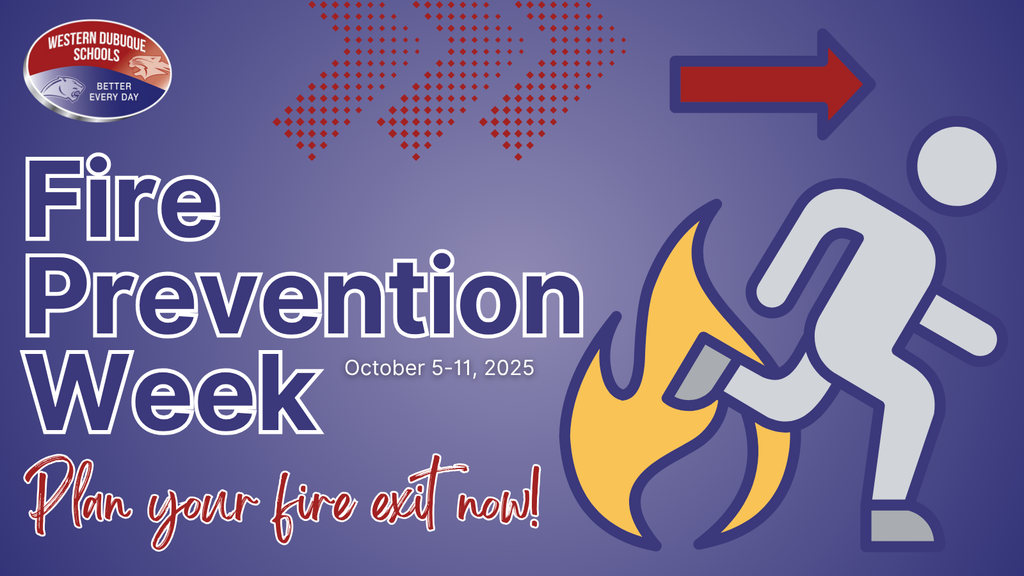 Western Dubuque Schools Fire Prevention Week graphic with text “October 5–11, 2025 – Plan your fire exit now!” and an illustration of a person running from flames toward a red exit arrow.