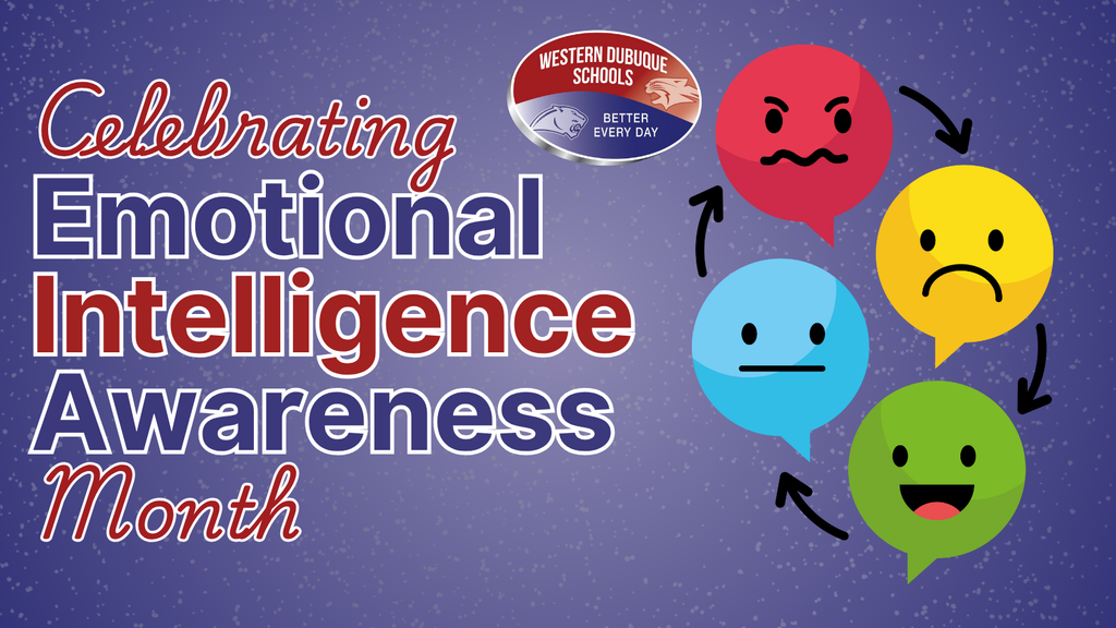 Celebrating Emotional Intelligence Awareness Month with colorful emojis showing various emotions against a starry purple background, featuring the Western Dubuque Schools logo