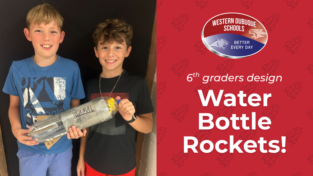 Two boys smile while holding a handmade water bottle rocket. The text beside them reads, "6th graders design Water Bottle Rockets!"