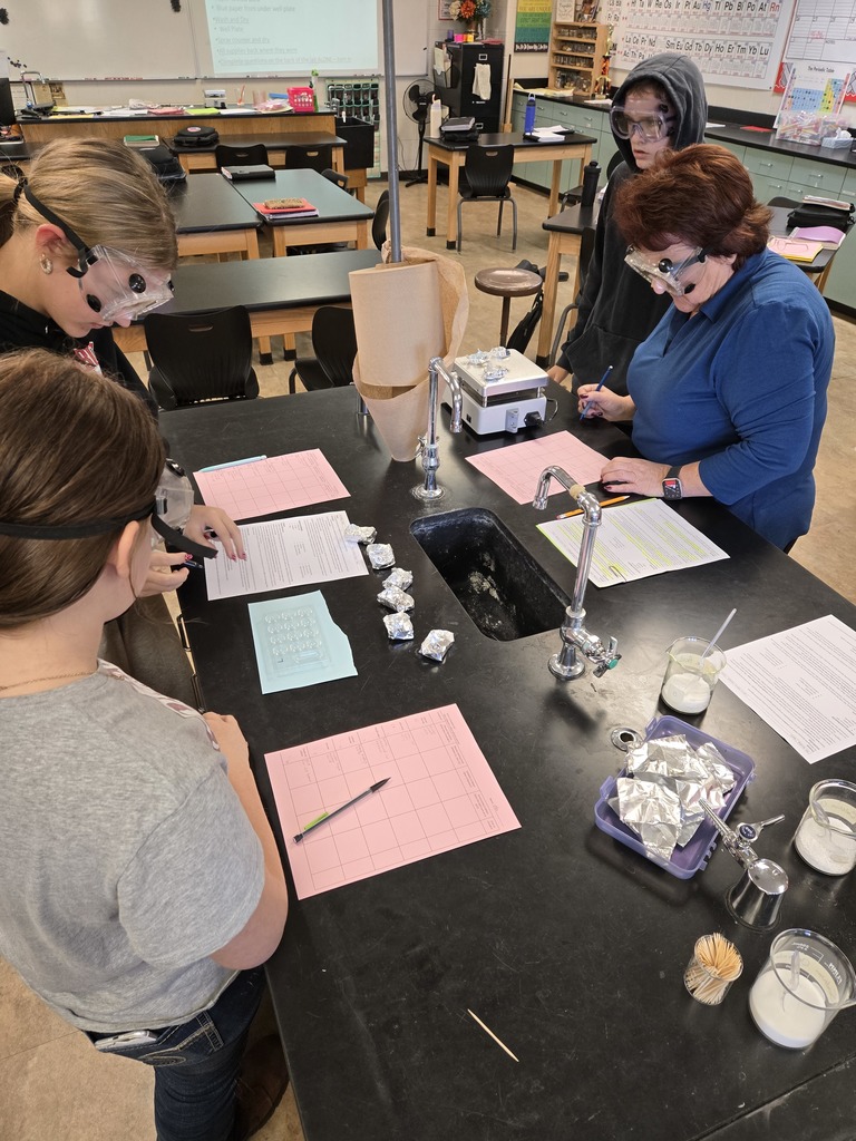 A teacher and several students wearing safety goggles gather around a lab table, writing on pink and white worksheets