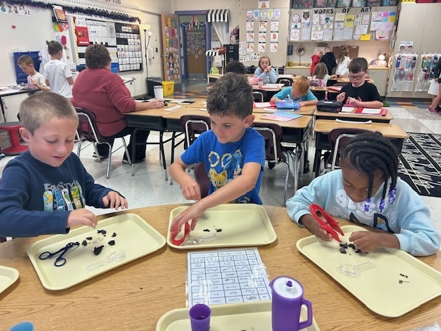 Three young students sit together at a classroom table, each using plastic tweezers to examine small black objects on trays.