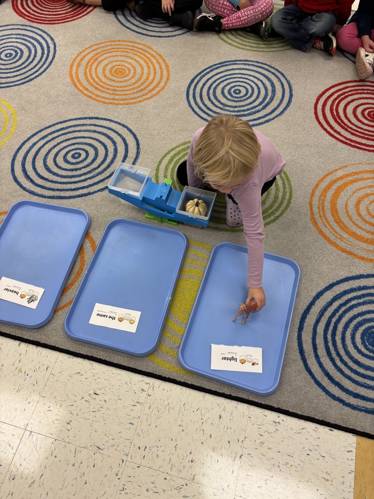 A young child sits on a colorful classroom rug with circular patterns, placing a small toy animal on a blue tray labeled “lighter.” A balance scale with a small pumpkin is set nearby while other students sit in a semicircle watching.