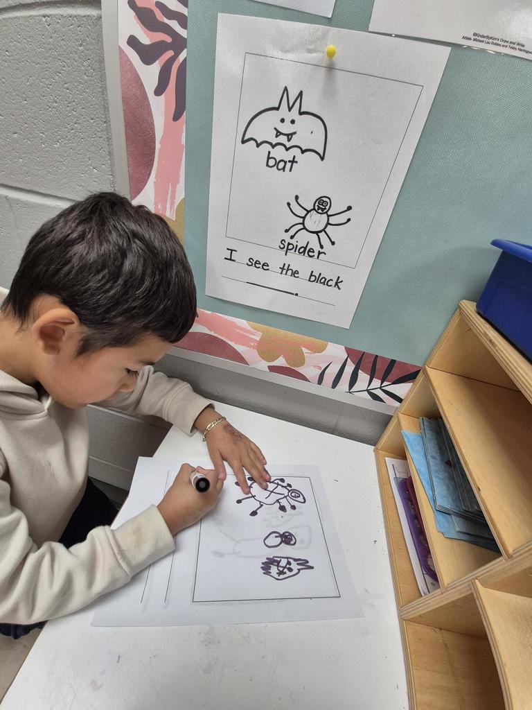 A young student sits at a desk drawing spiders and bats on a worksheet.