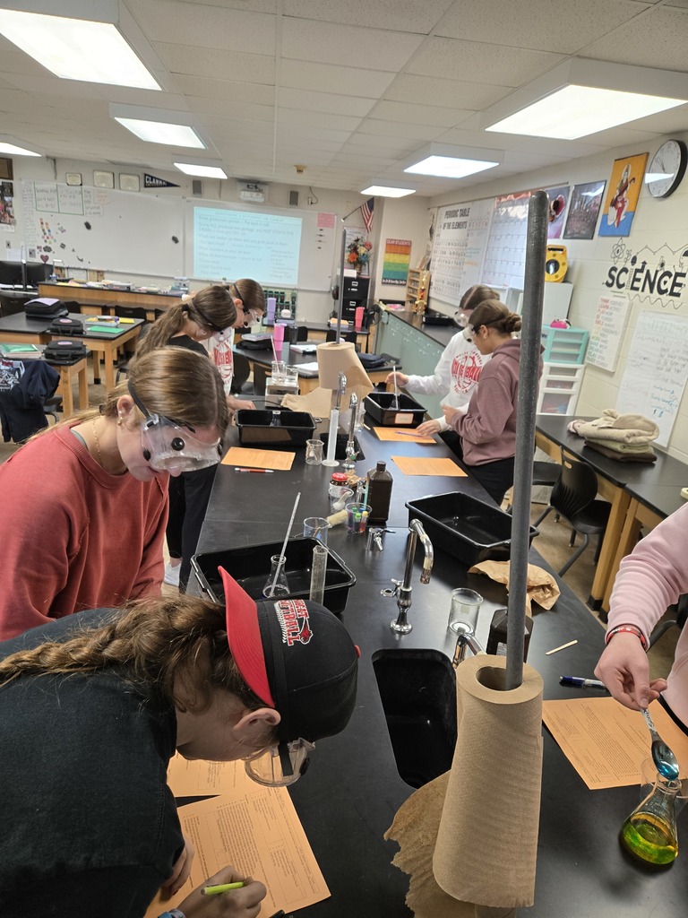 Several students wearing goggles conduct experiments in a classroom labeled “Science.” They record observations on orange lab sheets while using beakers and flasks filled with colorful liquids.