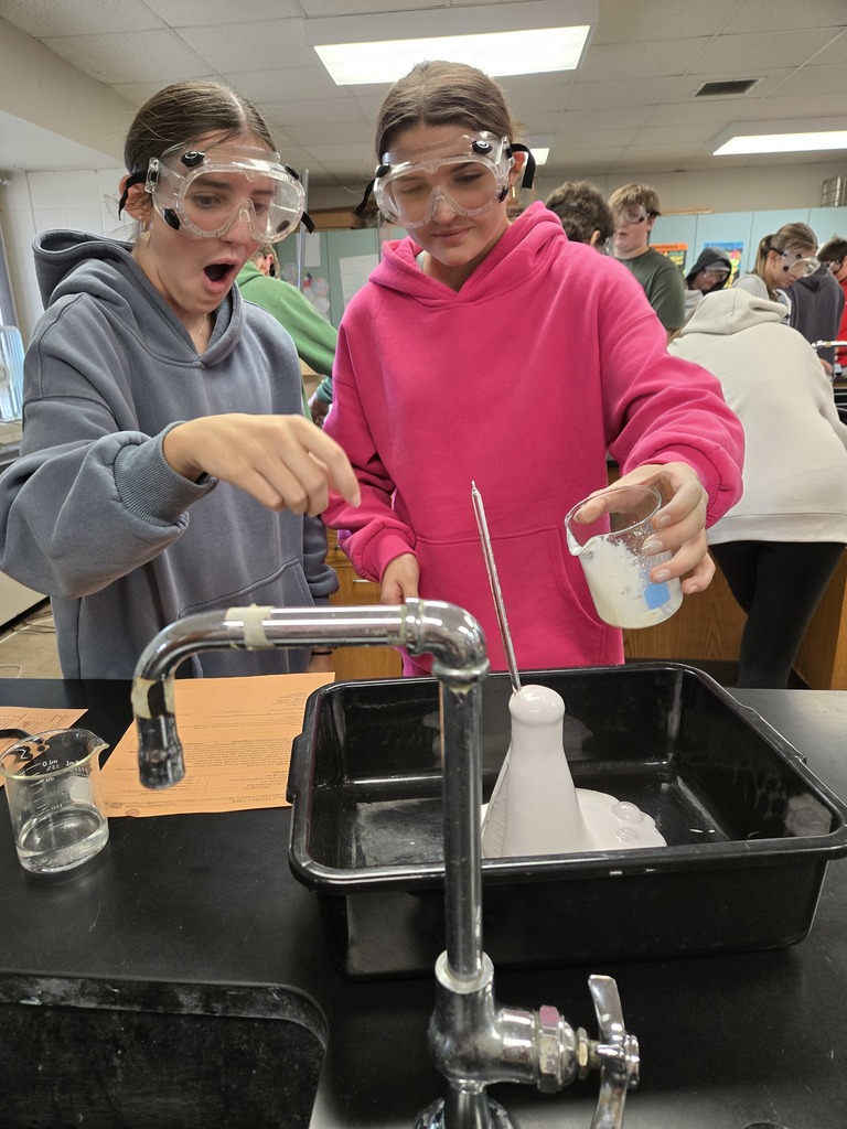 Two students in sweatshirts and goggles react with surprise and excitement while watching a foamy chemical reaction form in a flask during a science experiment.
