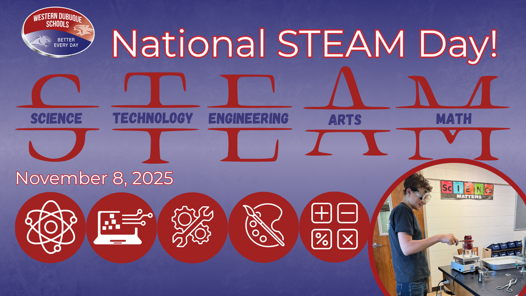 Graphic celebrating National STEAM Day featuring the words “Science, Technology, Engineering, Arts, Math” spelled out in large red letters. The Western Dubuque Schools logo with the motto “Better Every Day” appears at the top. Icons representing each STEAM subject are shown in red circles along the bottom. A photo on the right shows a student wearing safety goggles conducting a science experiment in a classroom with a “Science Matters” poster on the wall. Text reads: “National STEAM Day! November 8, 2025.”
