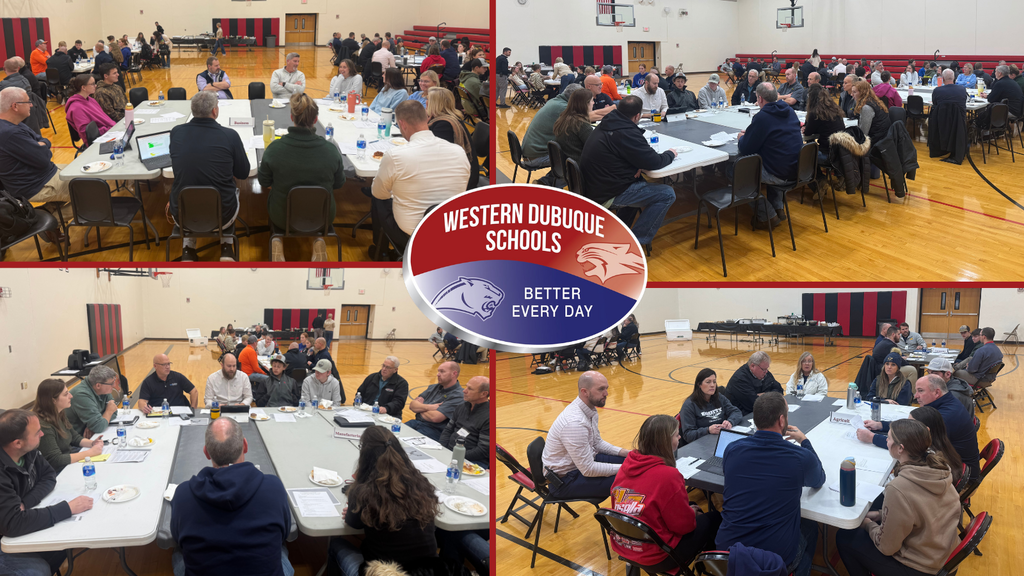 A collage of four photos showing Western Dubuque Schools students, staff, and local professionals participating in vocational roundtable discussions inside a school gym.