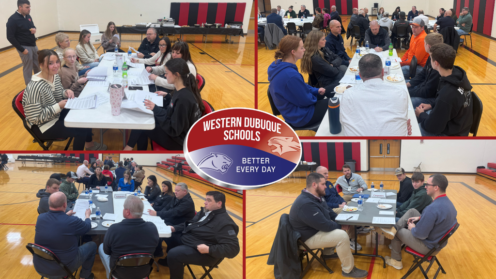 A collage of photos showing Western Dubuque Schools students, educators, and community members seated in small groups discussing vocational and career pathways.