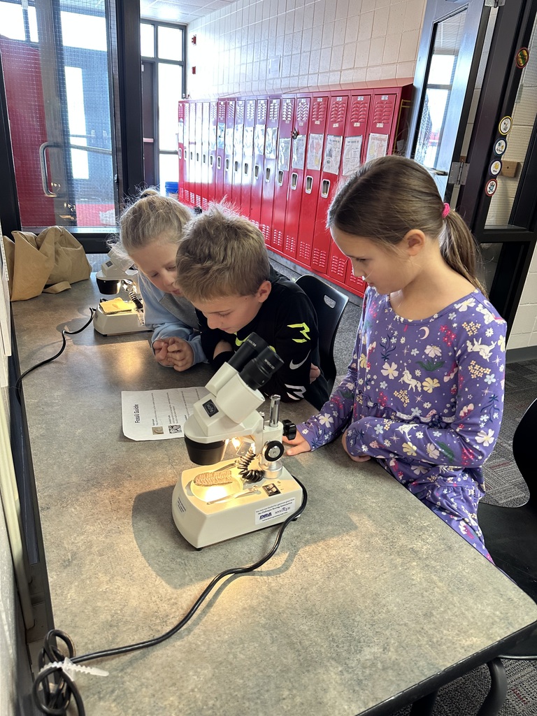 Three students work together at a counter in a school hallway, using a microscope to study a fossil sample.