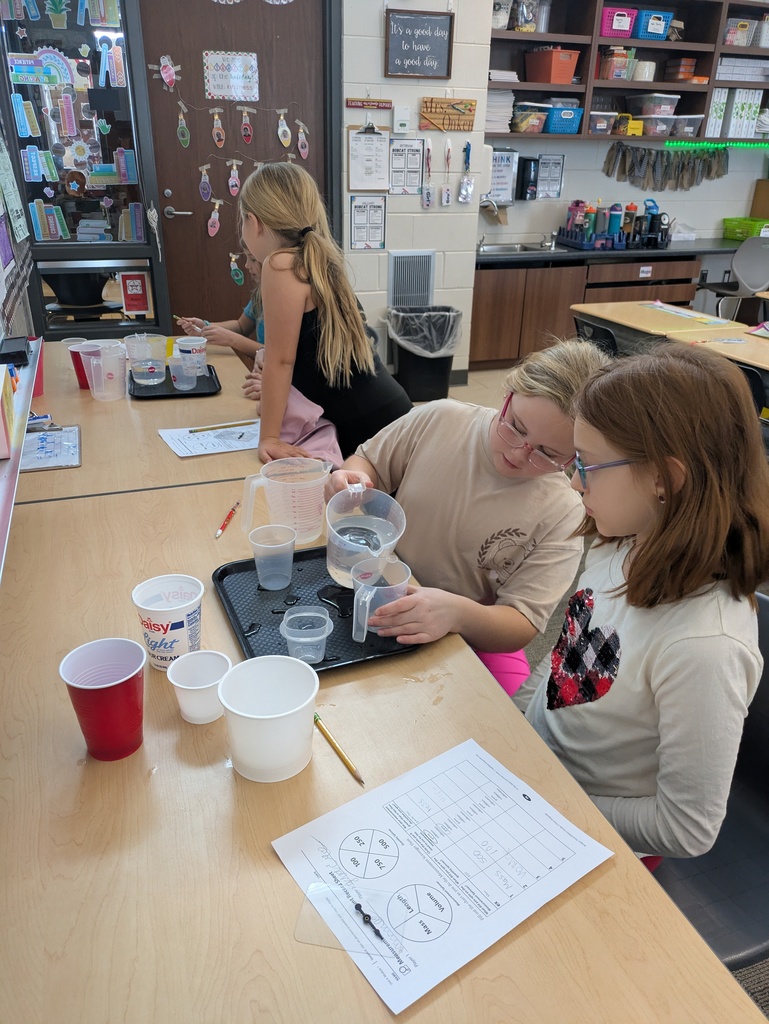 Two girls carefully pour water between measuring cups during a capacity experiment, with a worksheet and containers on the table.