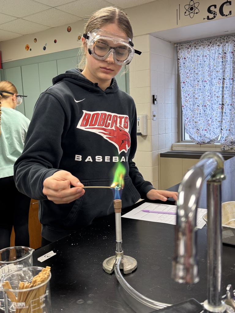 A student wearing safety goggles conducts a flame test in a science lab, holding a wooden splint over a Bunsen burner producing a green flame.